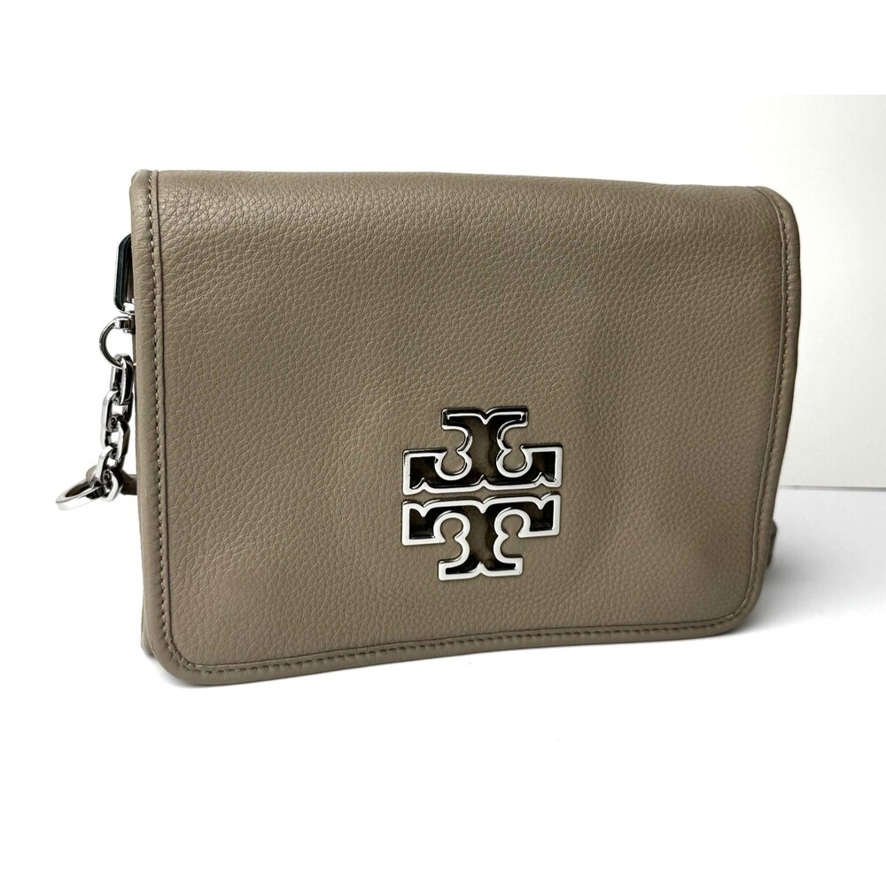 Tory Burch Britten French Grey Pebbled Leather Convertible Crossbody Bag - Picture 3 of 16